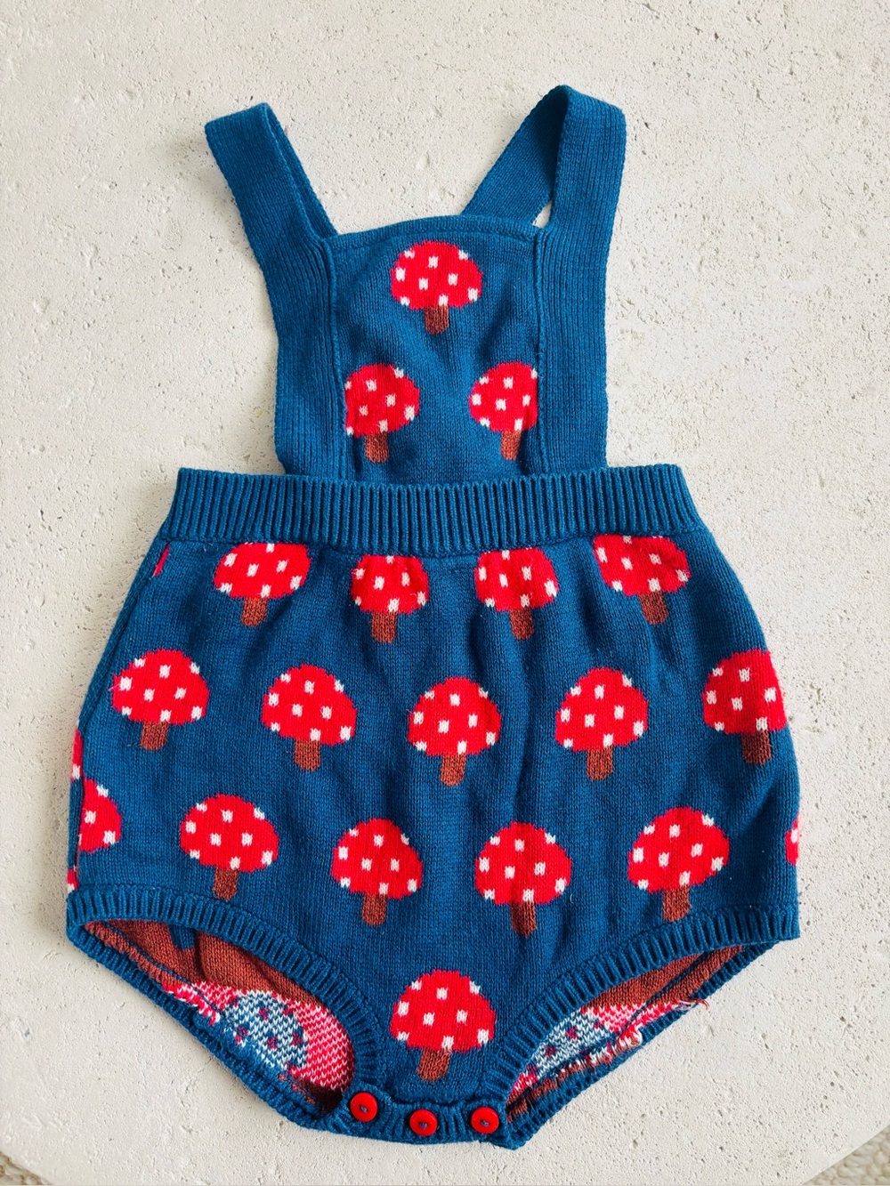 Happyology- Blue Knit Baby Romper with Red Mushroom Pattern 3T 4 T